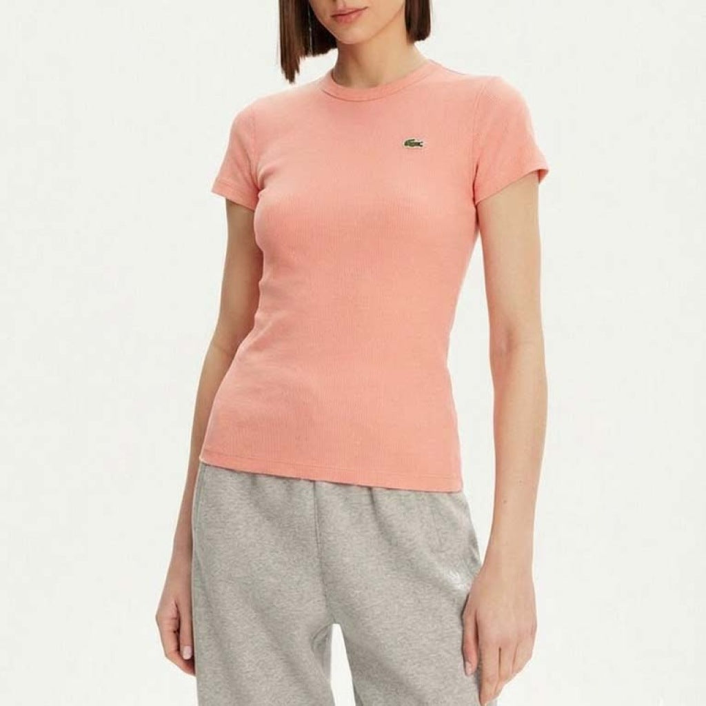 LACOSTE SLIM FIT RIBBED COTTON T-SHIRT en color ROSA (6)