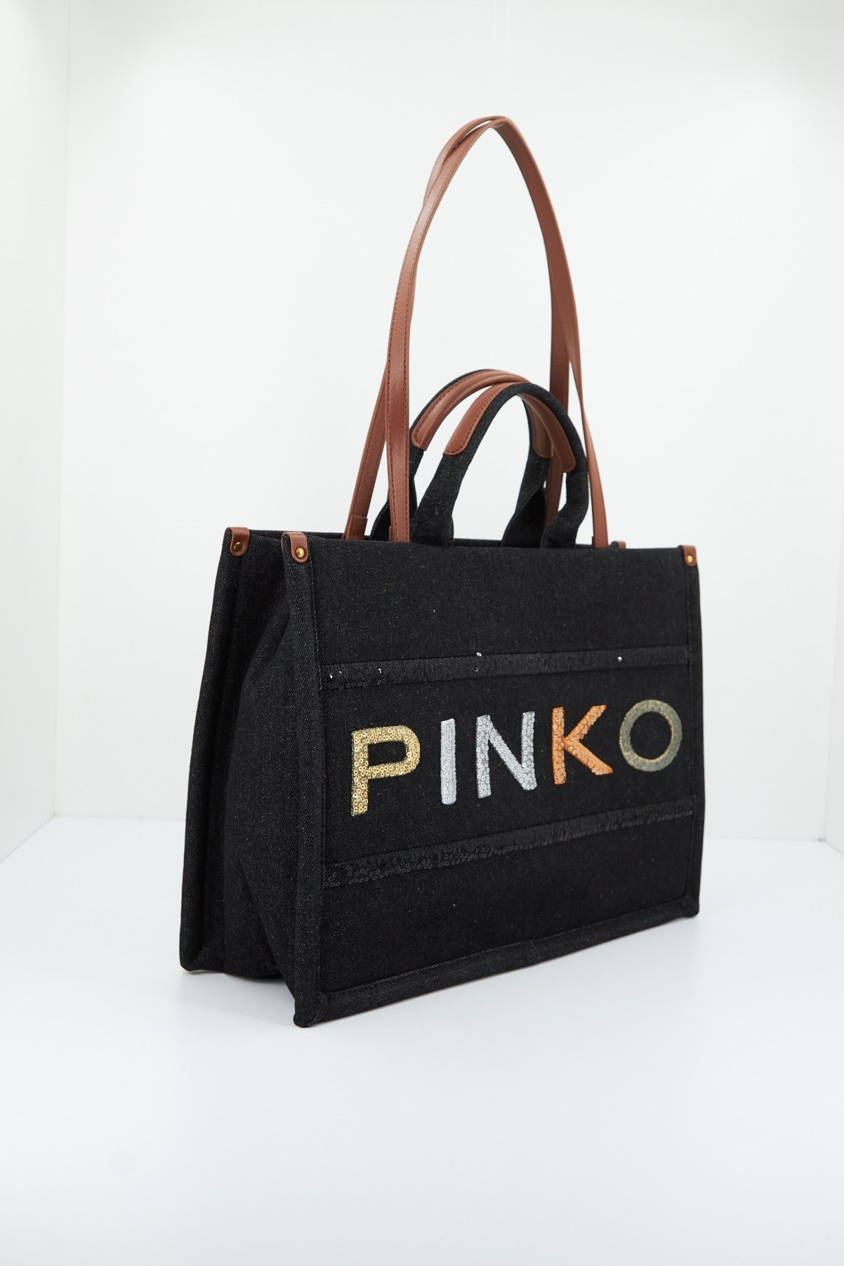 PINKO SHOPPER DENIM RICAMO LO en color NEGRO (2)