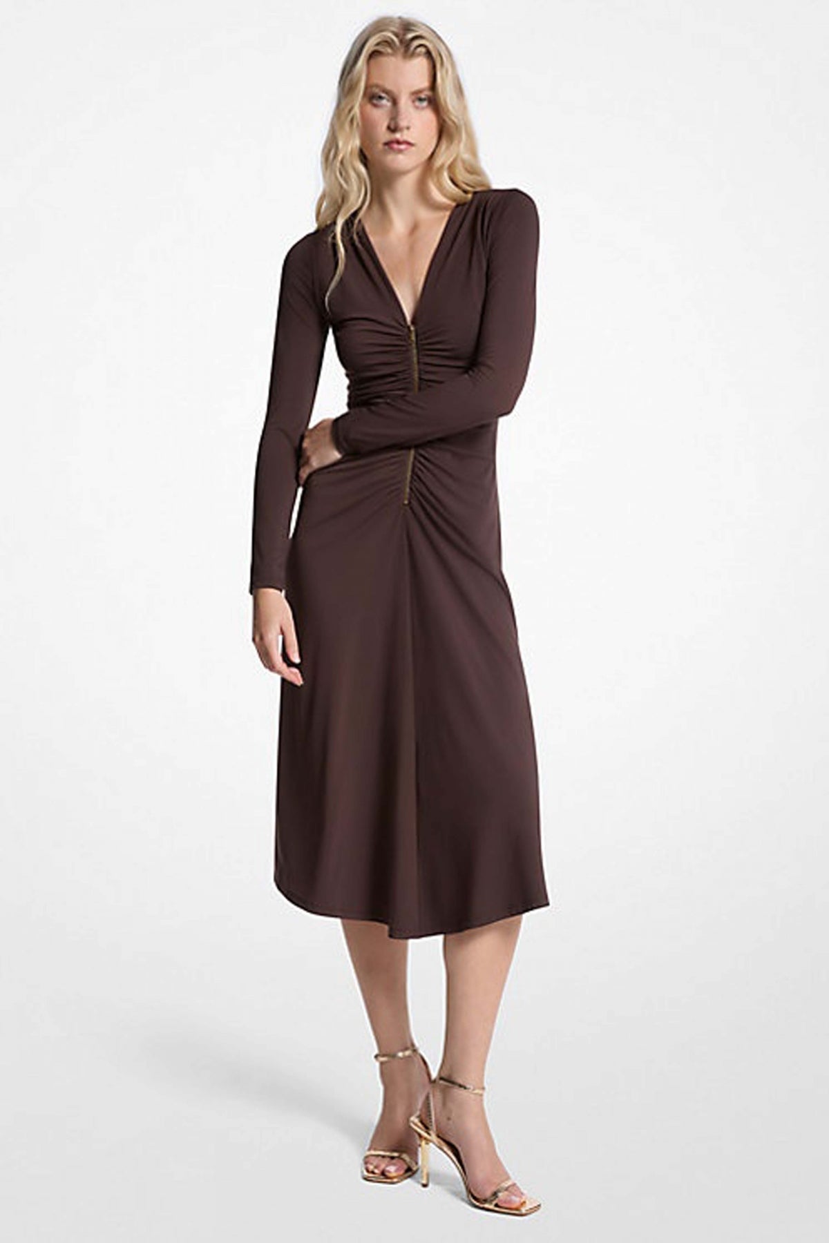 MICHAEL KORS ZIP LS CF RUCH MIDI DRS en color MARRON (1)
