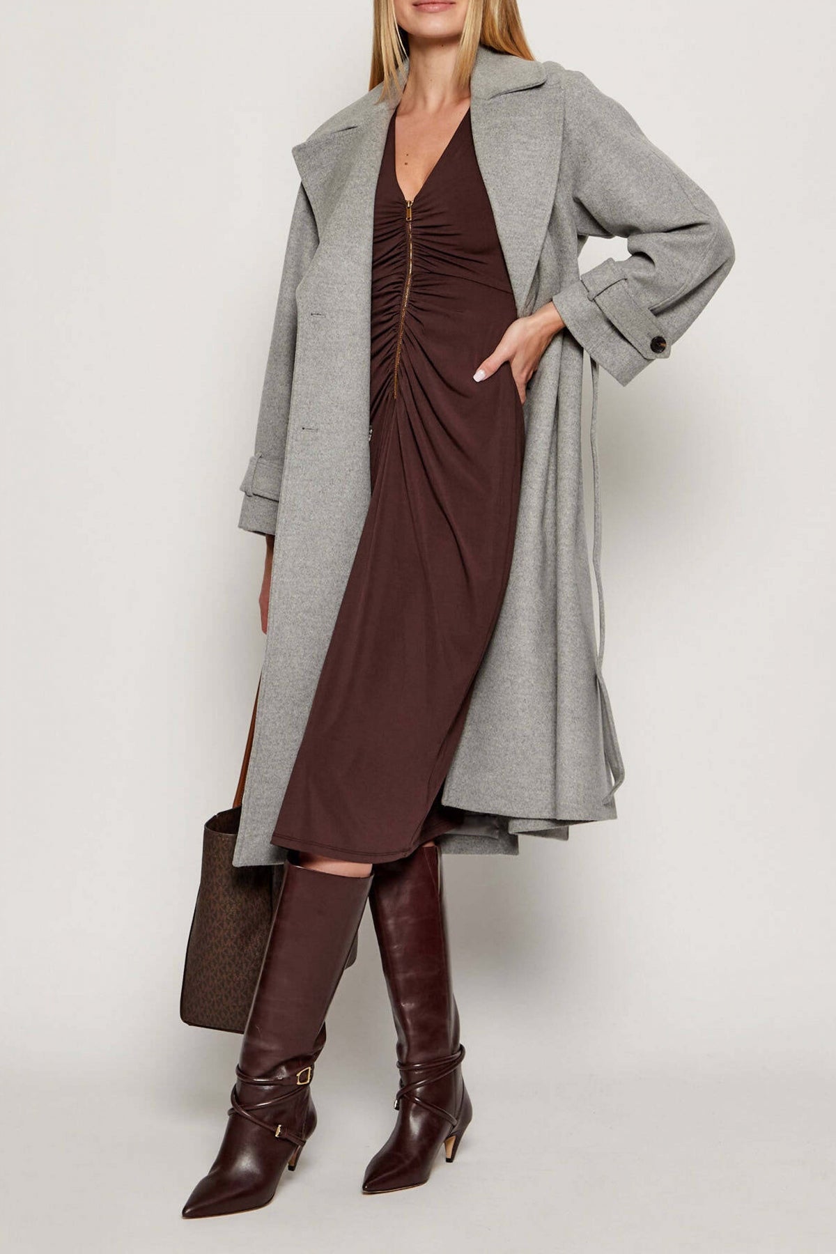 MICHAEL KORS ZIP LS CF RUCH MIDI DRS en color MARRON (3)