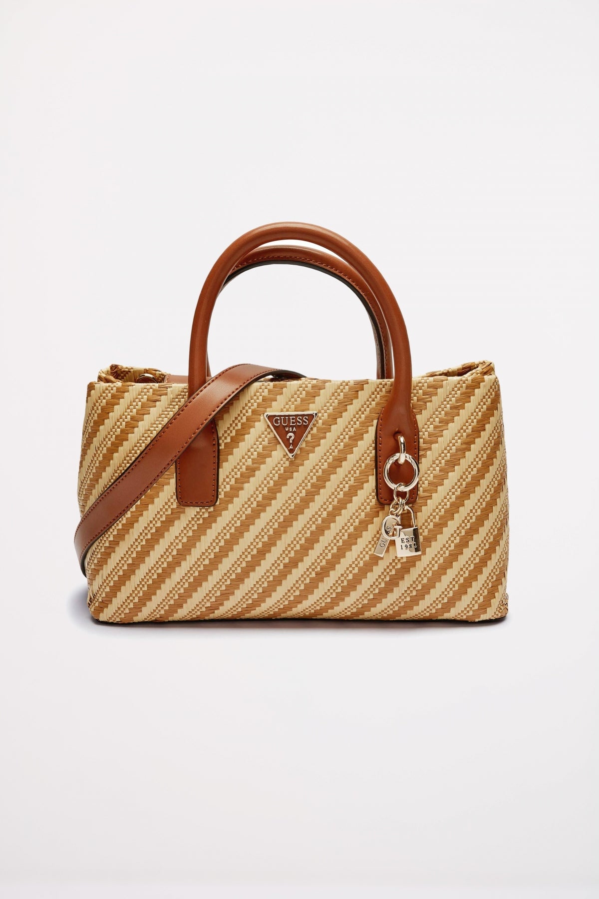 GUESS SIMONA SMALL SATCHEL en color MARRON CLARO  (1)