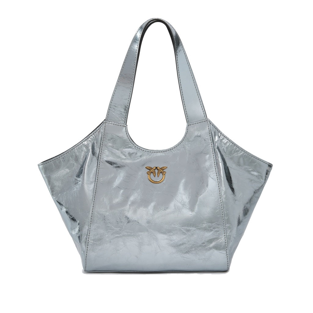 PINKO TOTE MINI BAG USED META en color PLATA  (3)
