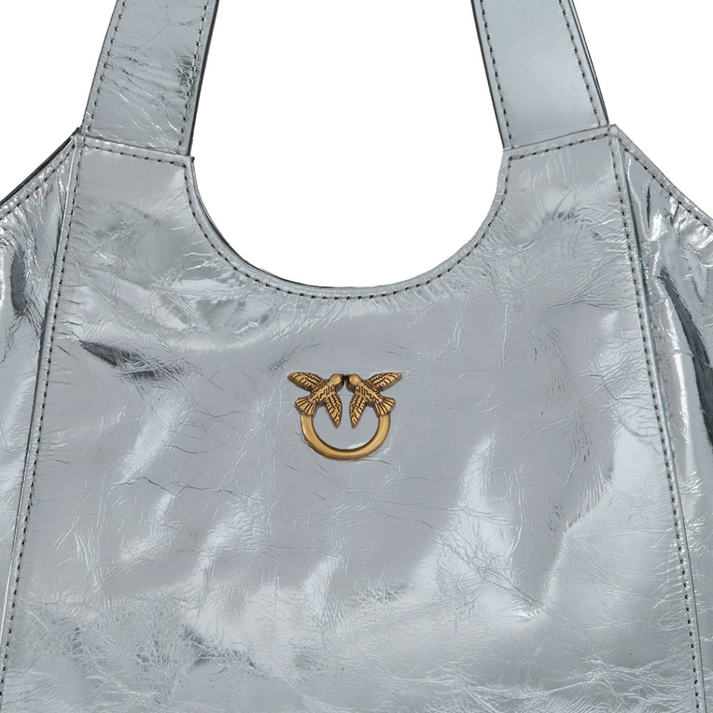 PINKO TOTE MINI BAG USED META en color PLATA  (4)