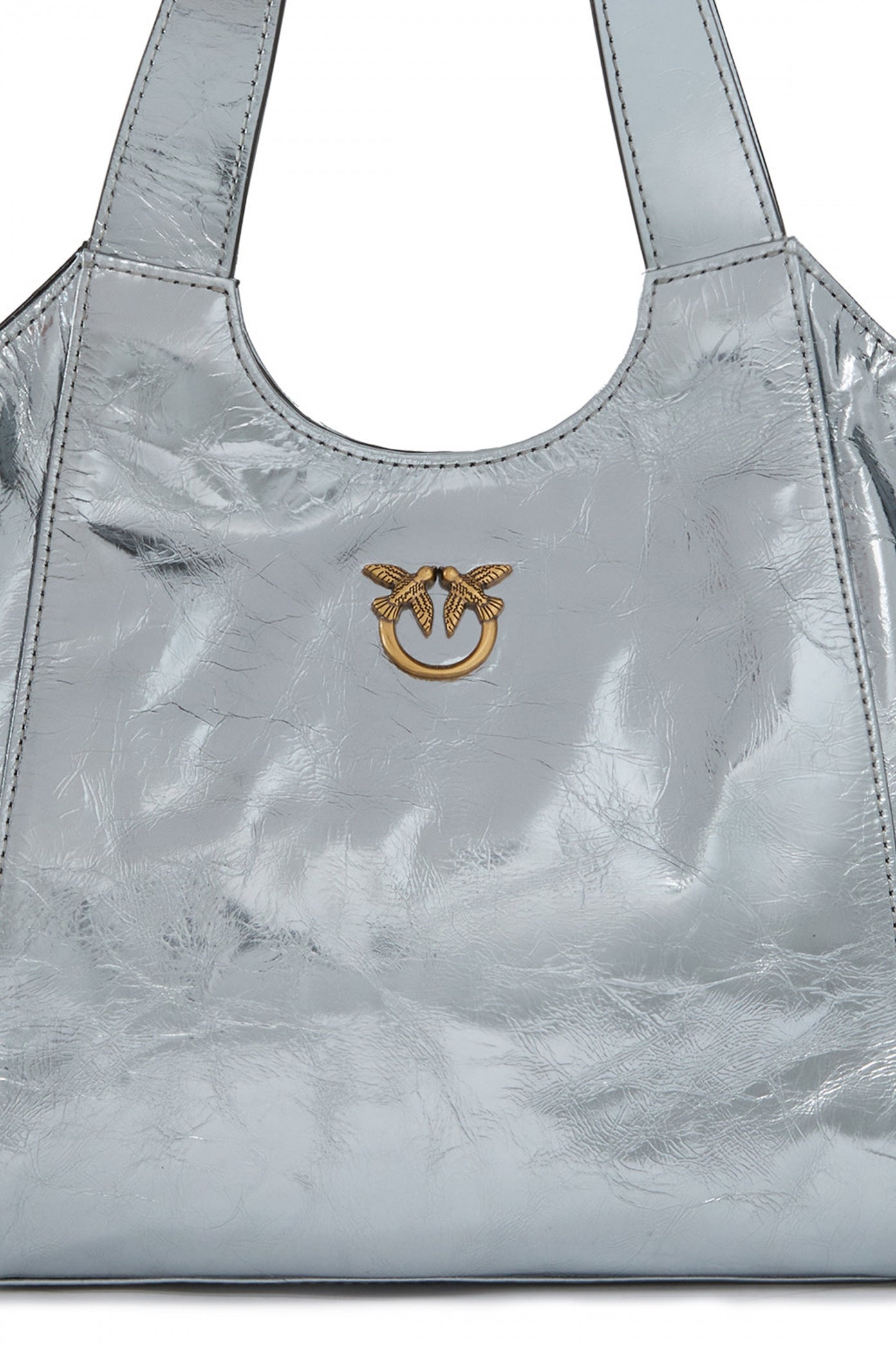 PINKO TOTE MINI BAG USED META en color PLATA  (2)