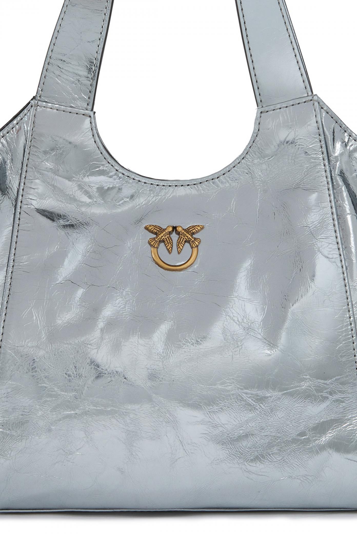 PINKO TOTE MINI BAG USED META en color PLATA  (2)