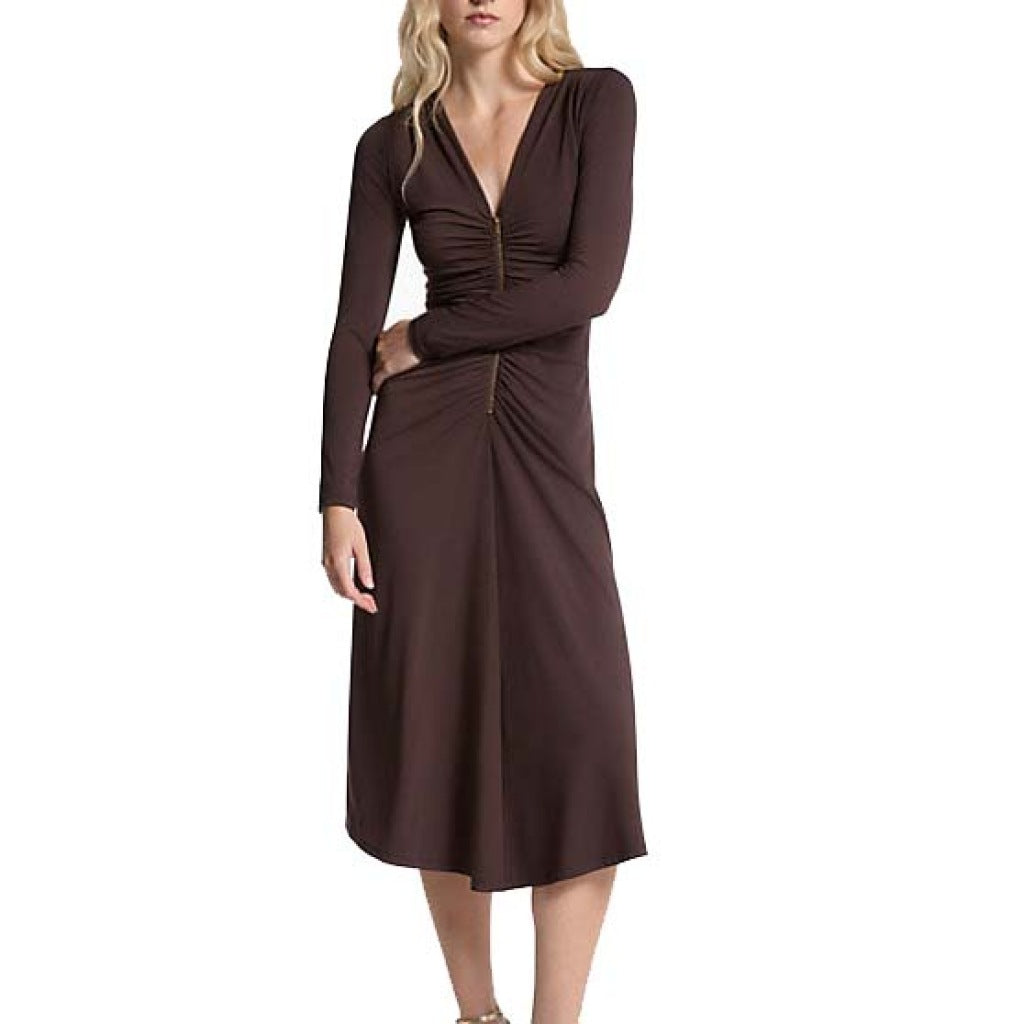 MICHAEL KORS ZIP LS CF RUCH MIDI DRS en color MARRON  (4)