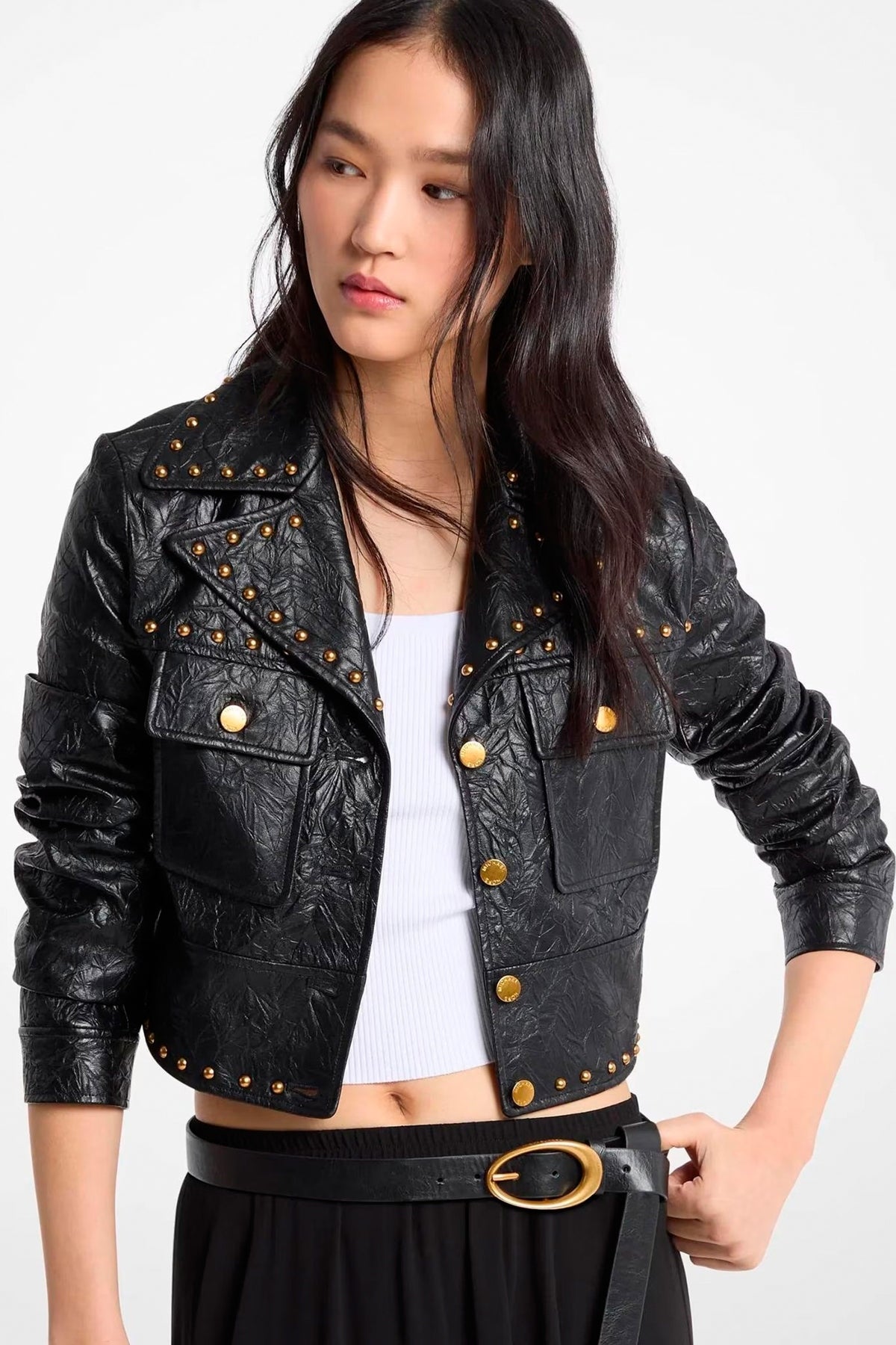 MICHAEL KORS MTLKLK STUDDED FX LEATHER JKT en color NEGRO  (1)