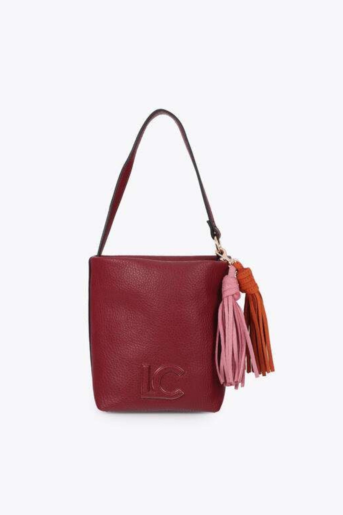 LOLA CASADEMUNT FAUX LEATHER SHOULDER BAG WITH POMPOMS en color ROJO  (6)